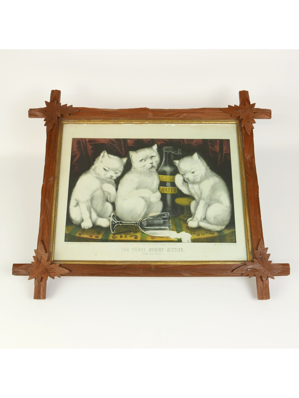 Currier & Ives Hand Colored Litho Print Cat Three Sorry Kitties Wood Frame 1871